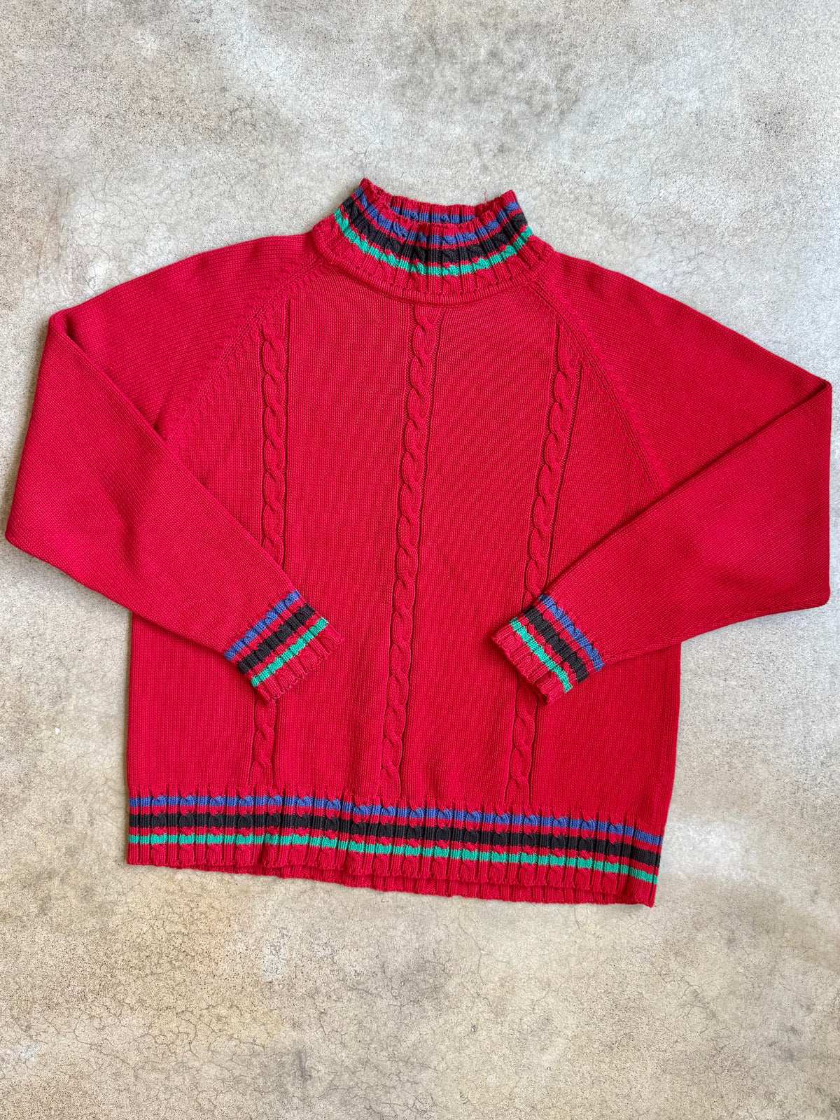 Vintage 1980s Russ Red Striped Mock Neck Cotton Sweater | XL