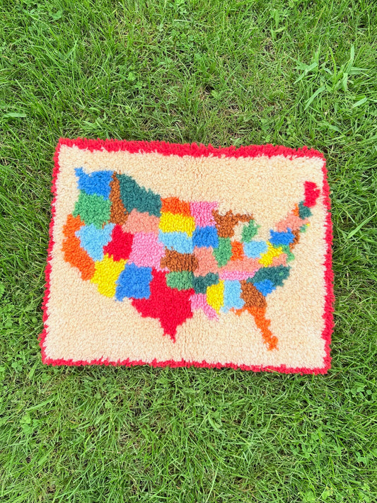Vintage 1970s Colorful USA Map Latch Hook Rug