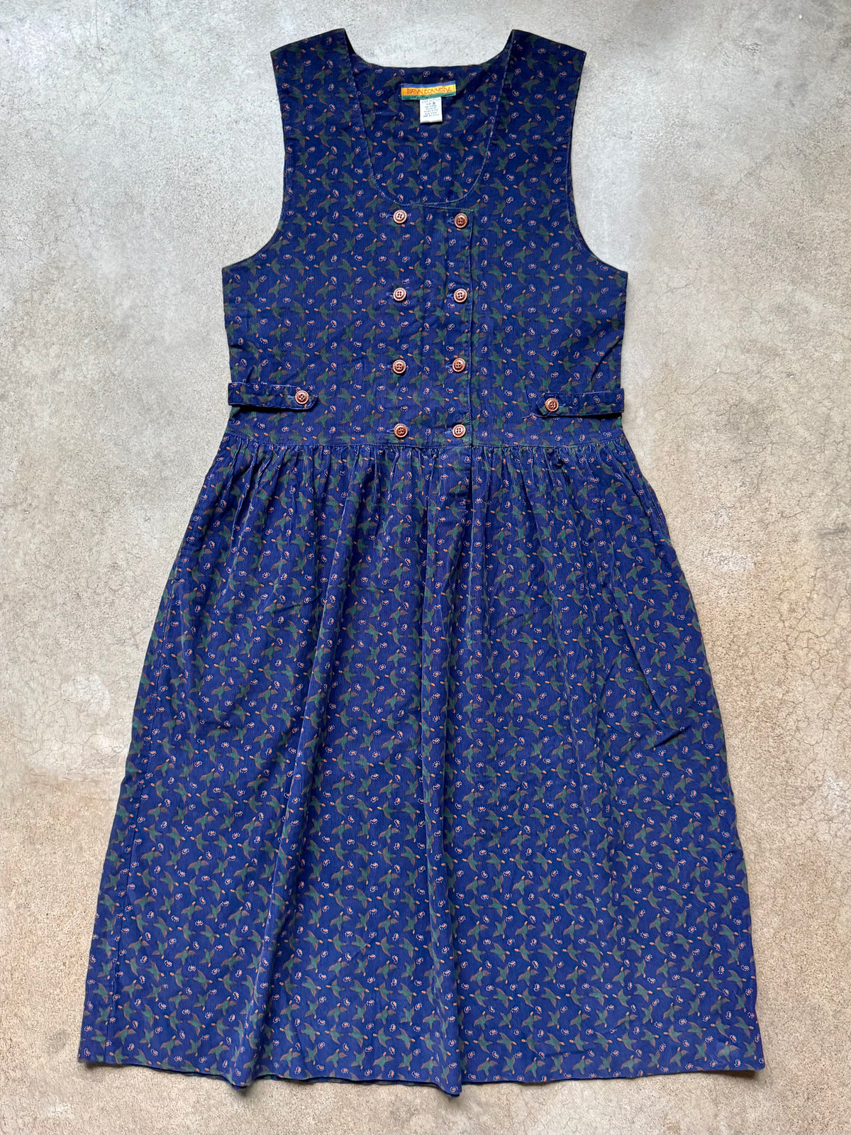 Vintage 1980s/90s Bryn Connelly Navy Duck Pattern Corduroy Pinafore Dress | Medium