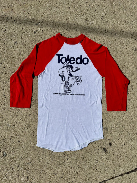 Vintage 1980s Guindon Toledo Graphic Red & White Raglan Tee | Small