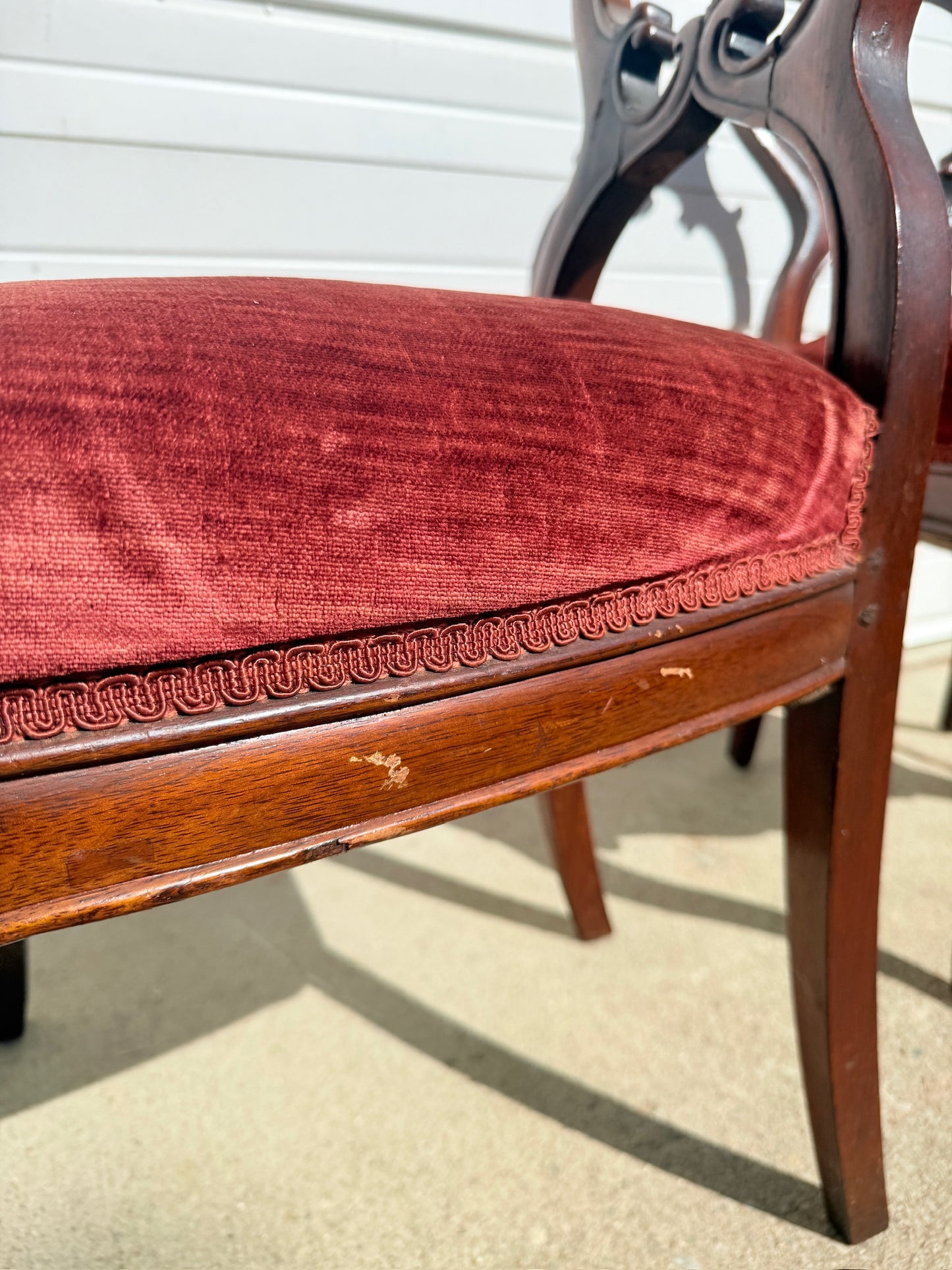 Antique 1900s Red Velvet Carved Rosewood Balloon Back Chairs | Set of 2
