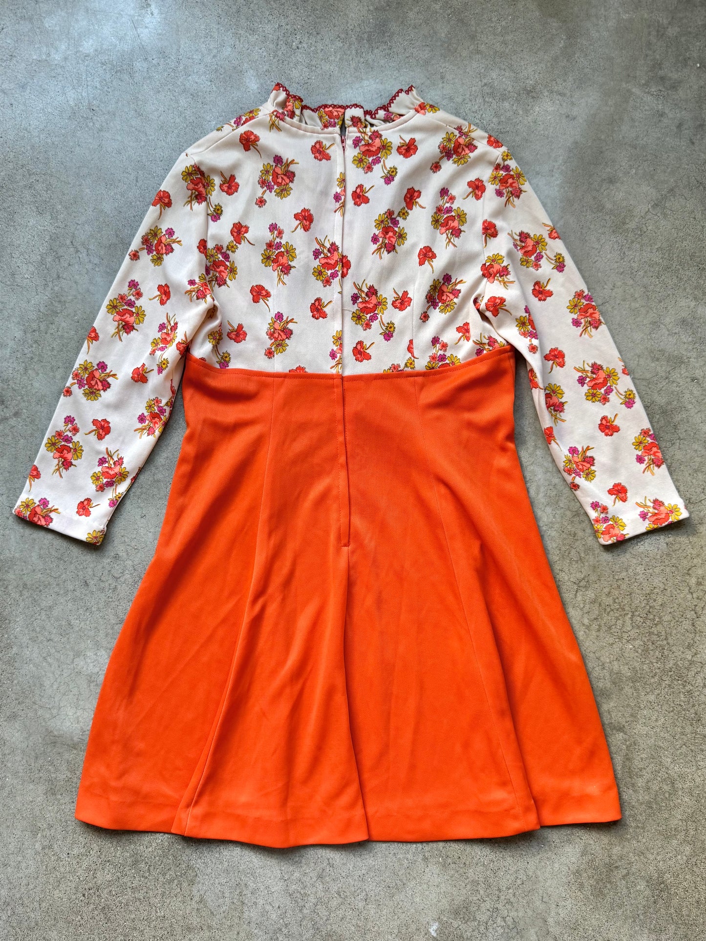 Vintage 1970s Orange Floral Print Long Sleeve Dress | Large