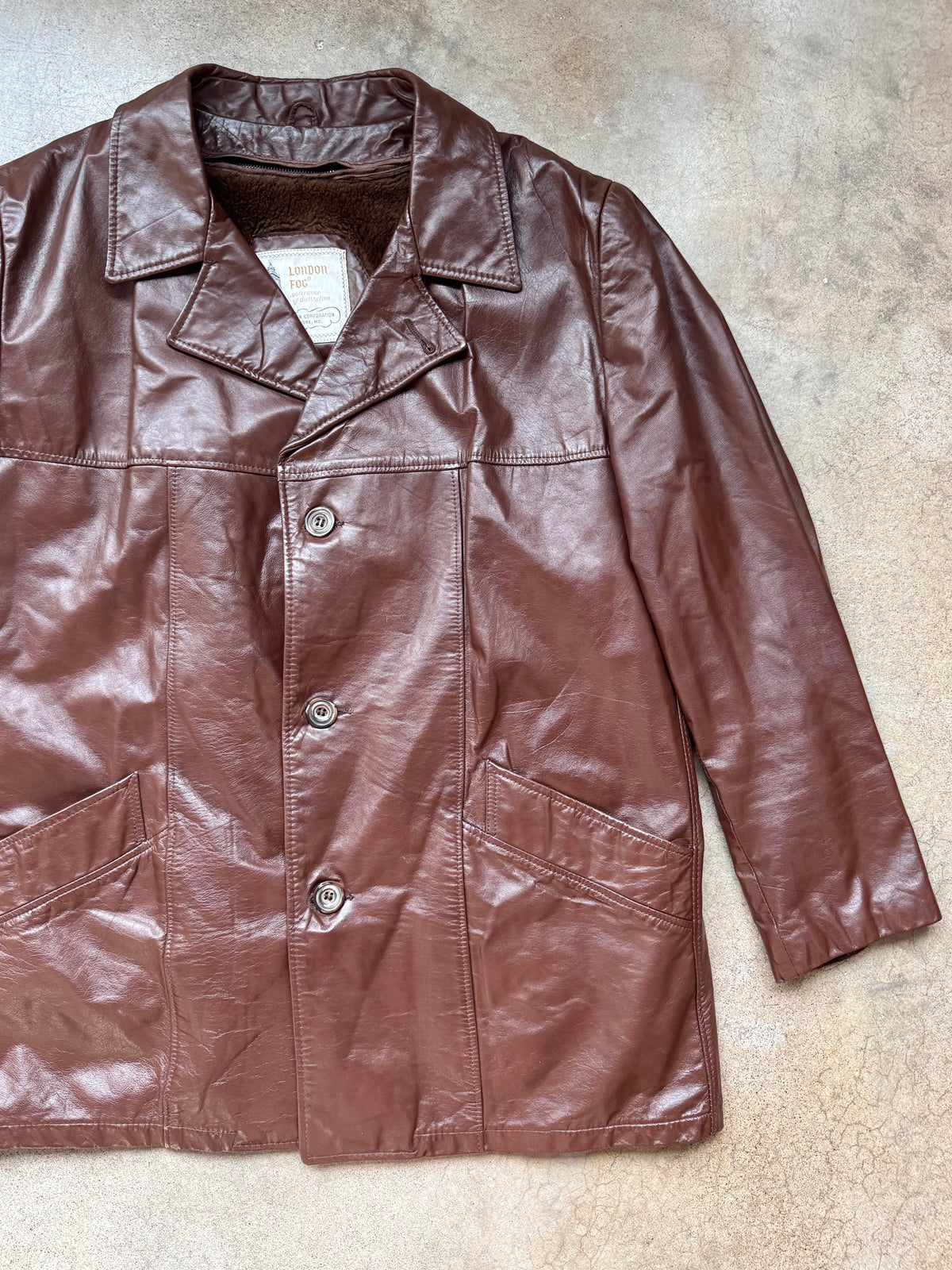 Vintage 1970s London Fog Brown Faux Fur Lined Leather Jacket | 46R