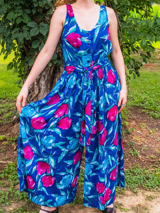 Vintage 1980s Adini Floral Sleeveless Button-Front Palazzo Jumpsuit | Medium