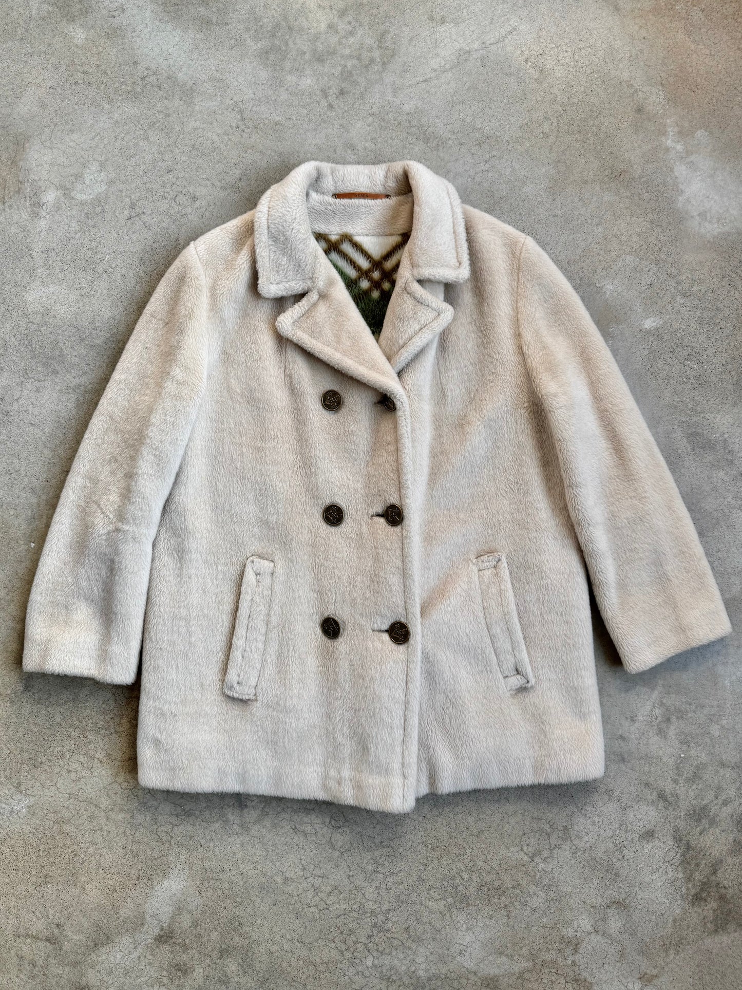 Vintage 1960s Sears Beige Faux Fur Plaid Lined Peacoat | Medium