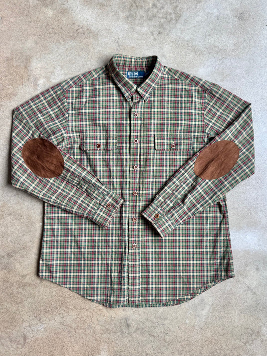 Vintage 1980s/90s Polo Ralph Lauren Suede Elbow Patch Plaid Cotton Shirt | XL