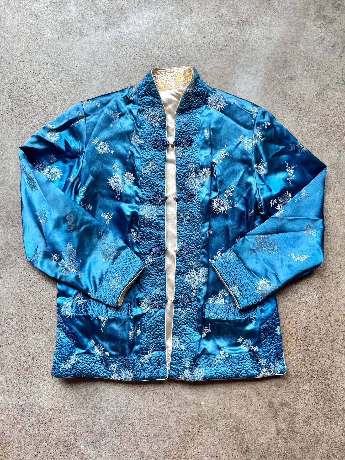 Vintage 1960s Silver Lake Chinese Reversible Satin Floral Jacquard Quilted Jacket | Medium
