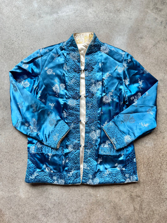 Vintage 1960s Silver Lake Chinese Reversible Satin Floral Jacquard Quilted Jacket | Medium