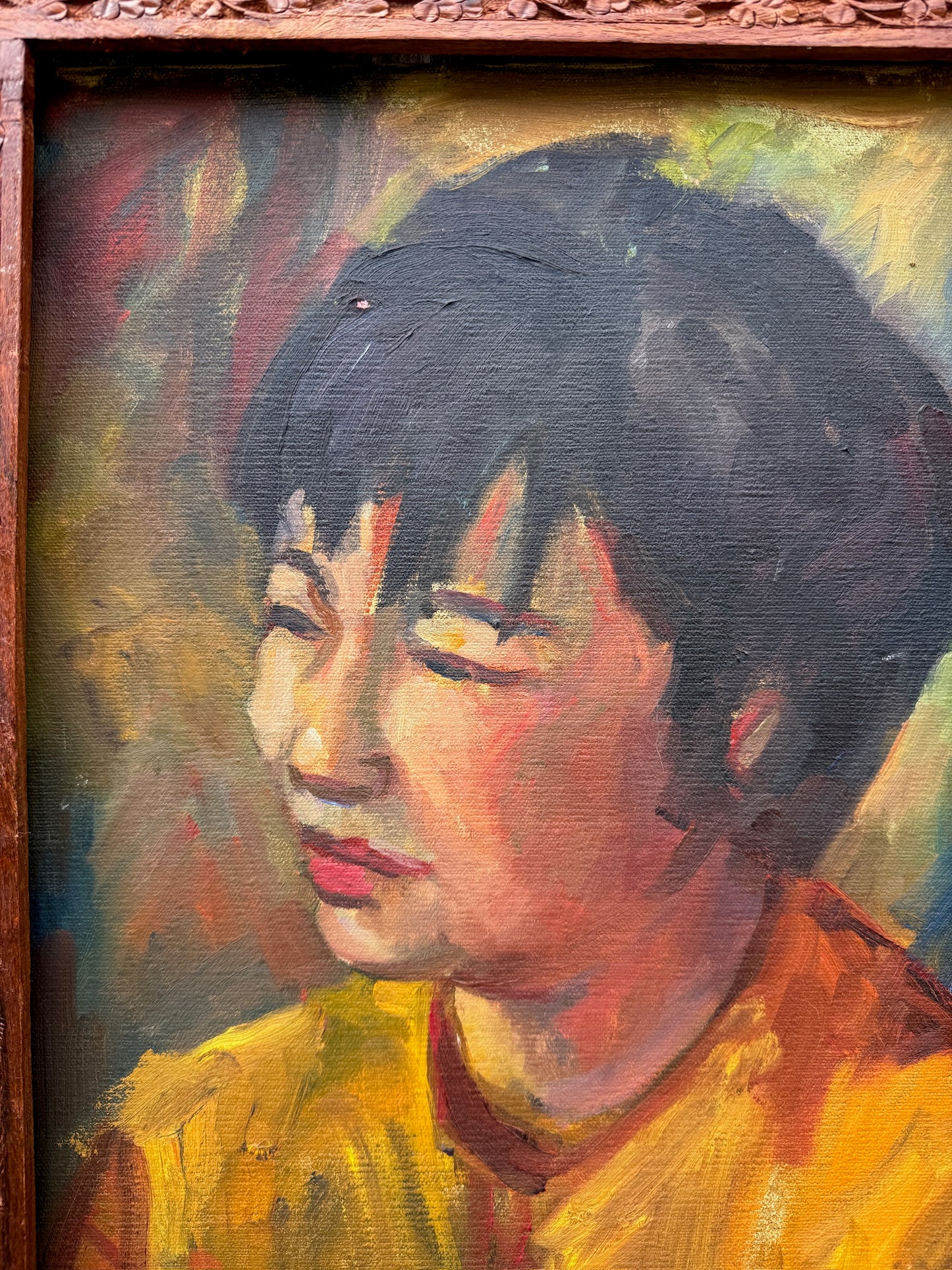 Vintage 1940s Carved Teakwood Elephant Frame "Village Girl" Oil on Canvas Painting