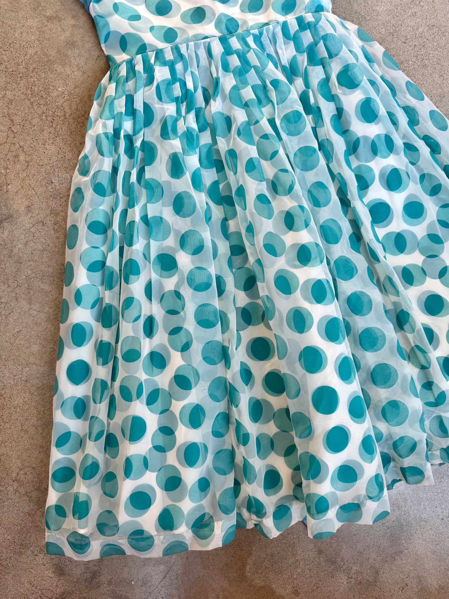 Vintage 1950s Teal Polka Dot Short Sleeve Fit & Flare Swing Dress | Medium