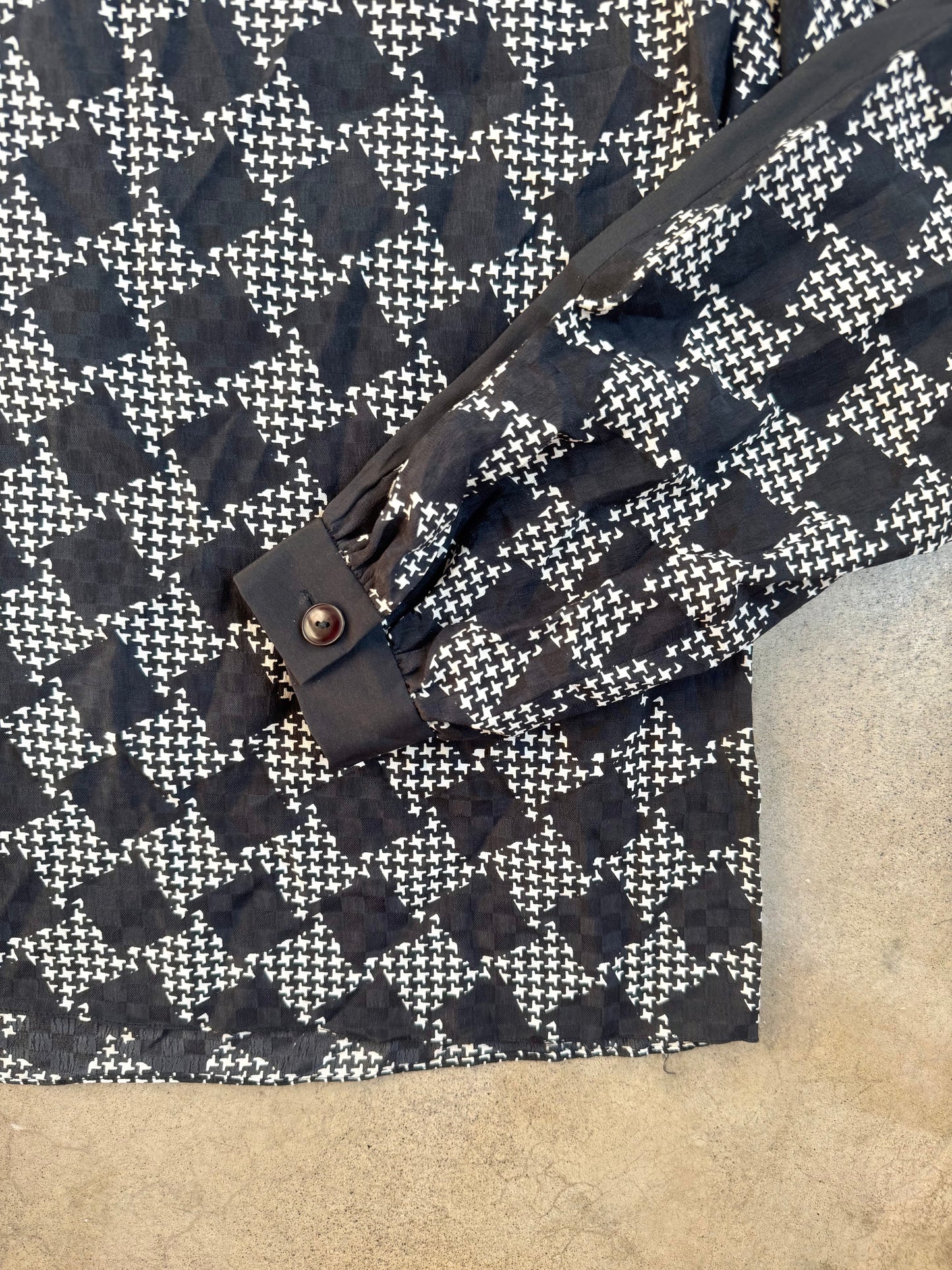 Vintage 1980s Black & White Houndstooth Silk High-Neck Bow Blouse | Medium