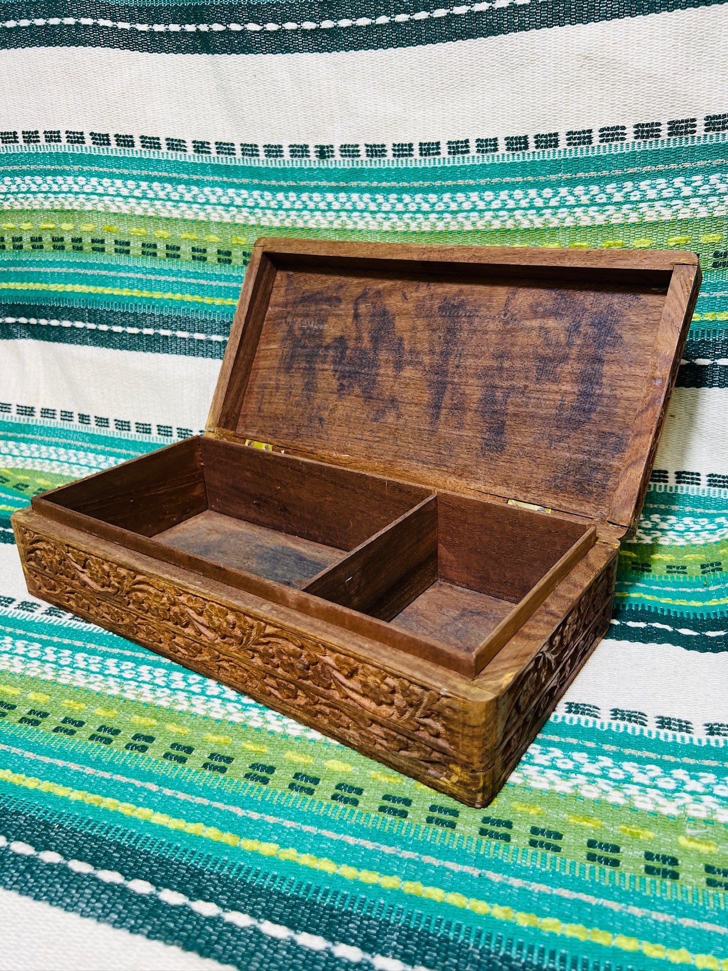 Vintage 1950s Carved Teak Wood Box