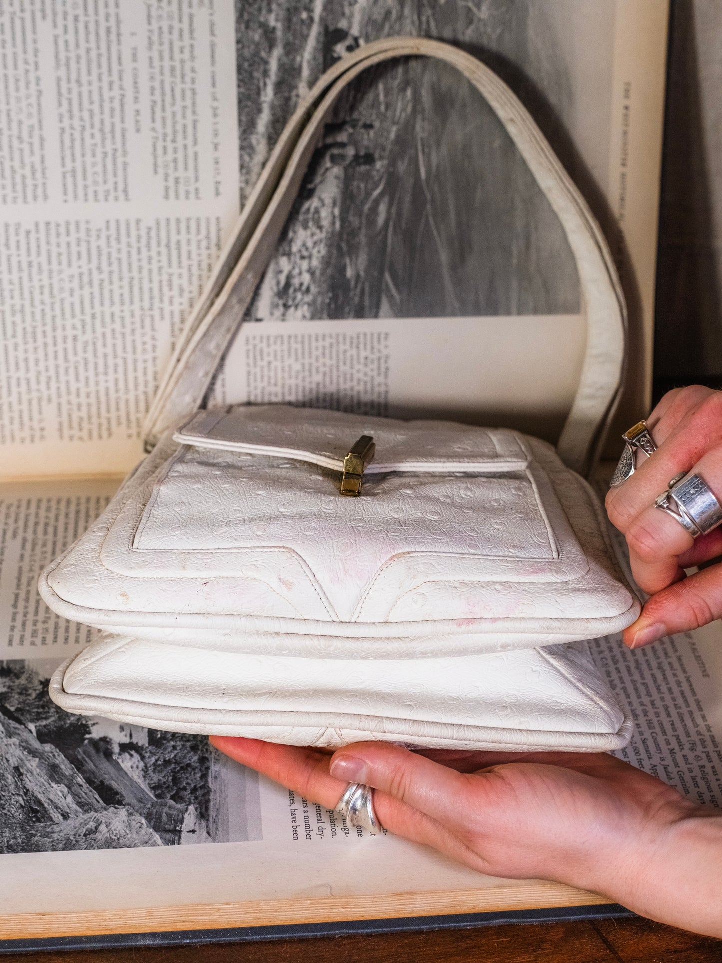 Vintage 1960s Lou Taylor White Faux Ostrich Leather Shoulder Bag