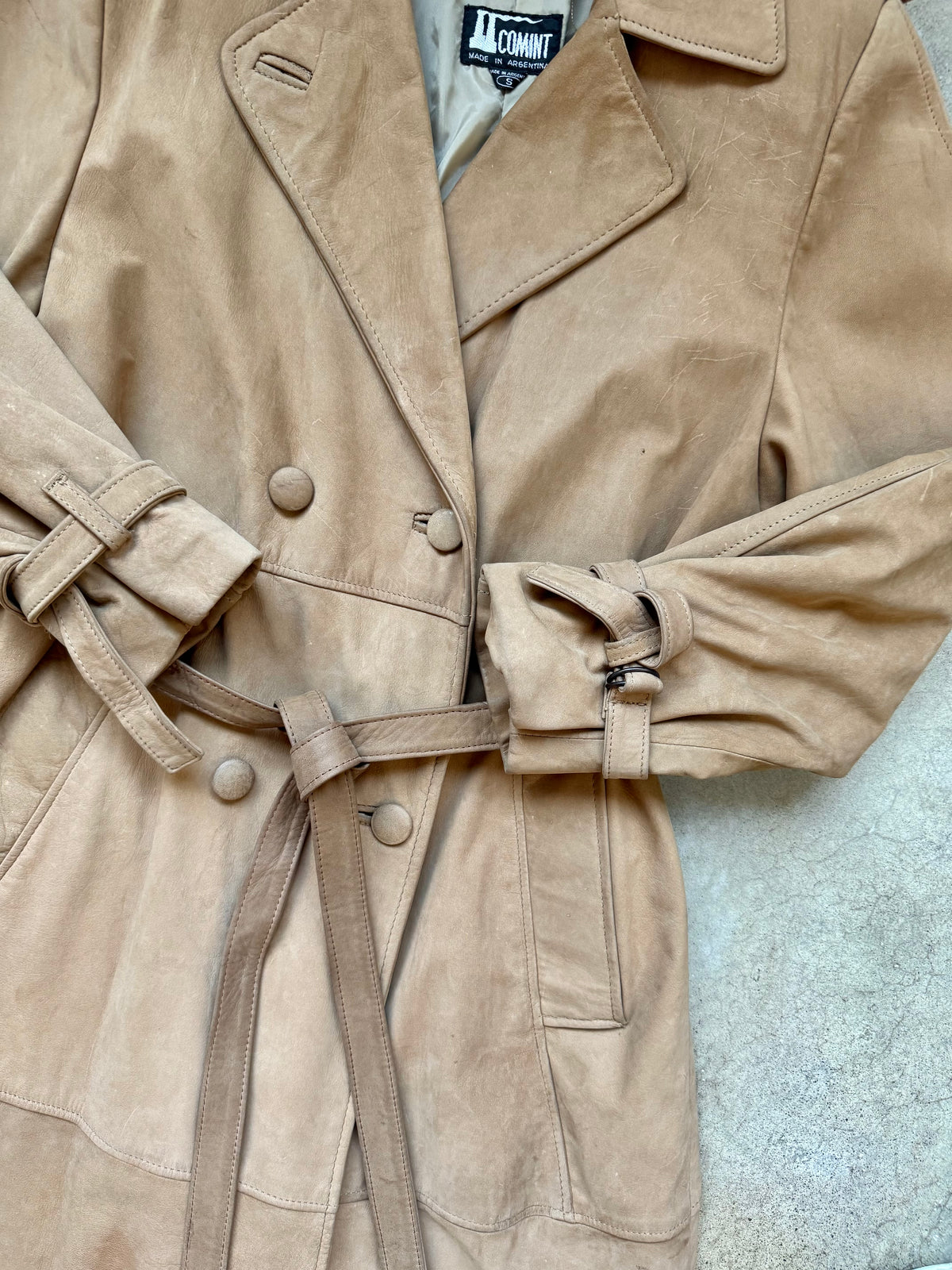 Vintage Comint Tan Suede Leather Belted Trench Coat | Small