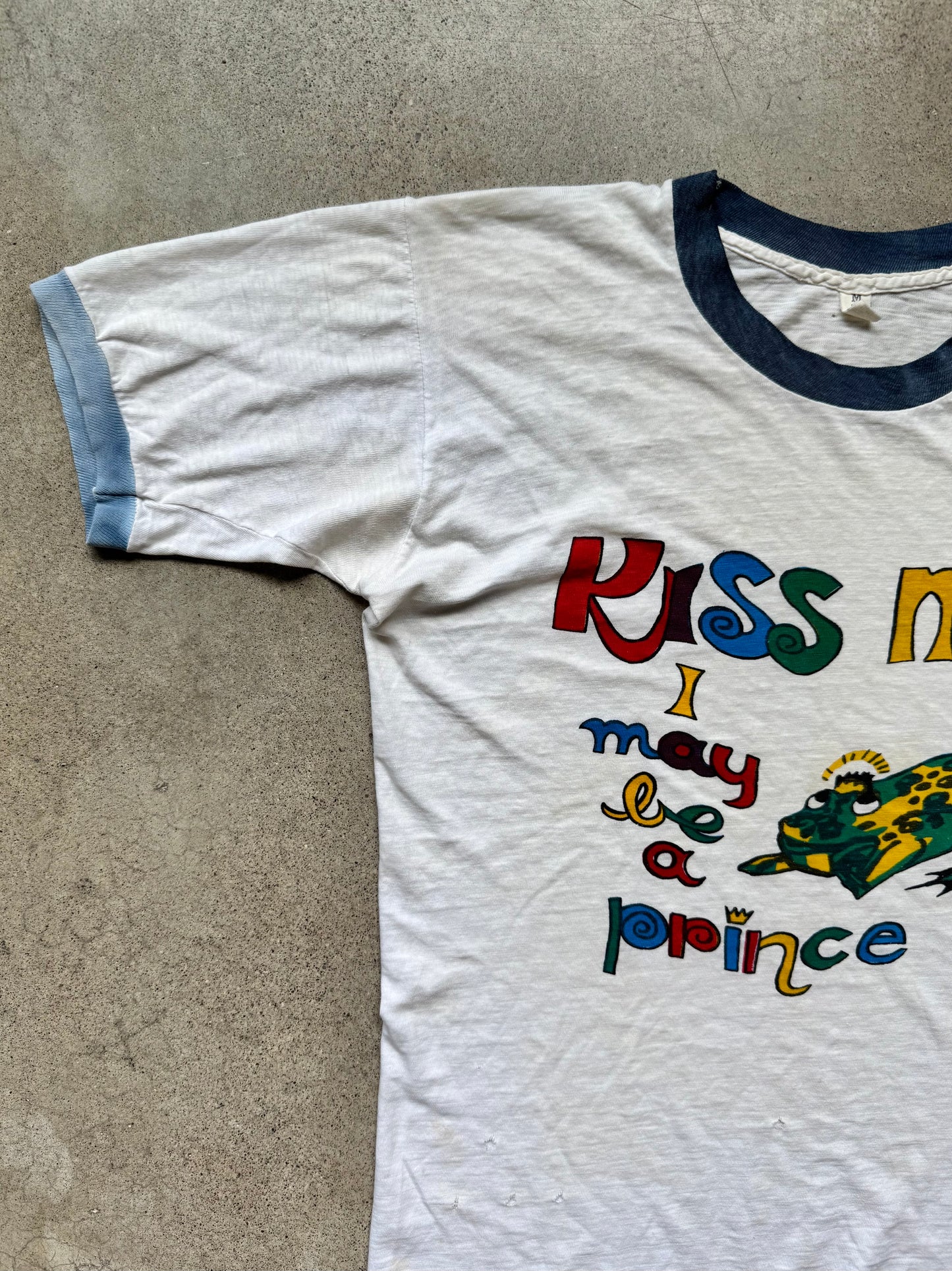 Vintage 1970s Distressed “Kiss Me I May Be A Prince” Graphic Ringer Tee | Medium