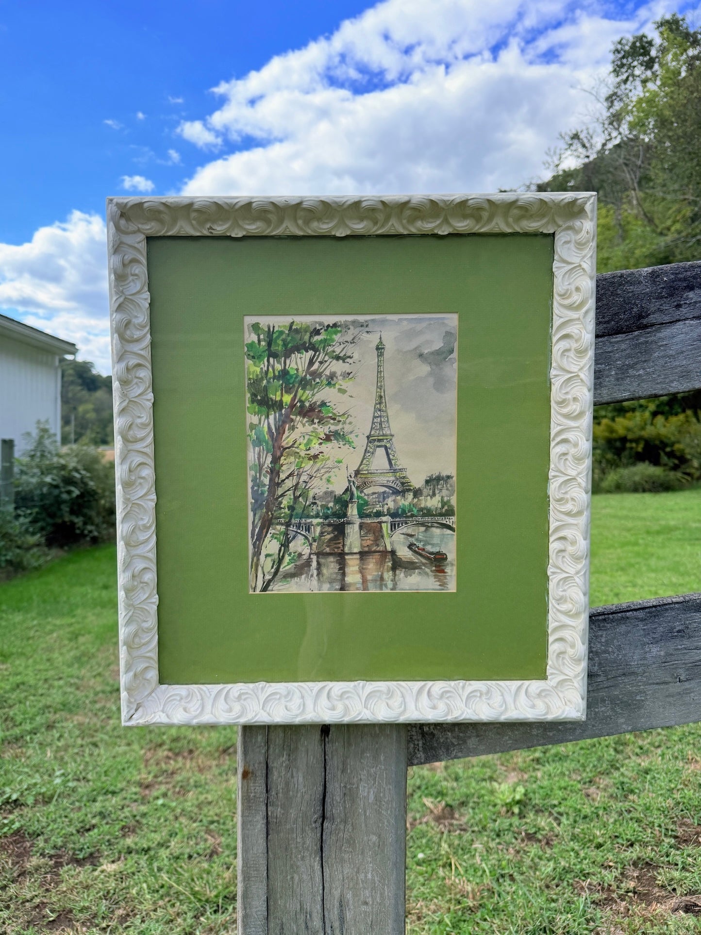 Vintage 1960s Framed Paris Eiffel Tower Watercolor Artwork
