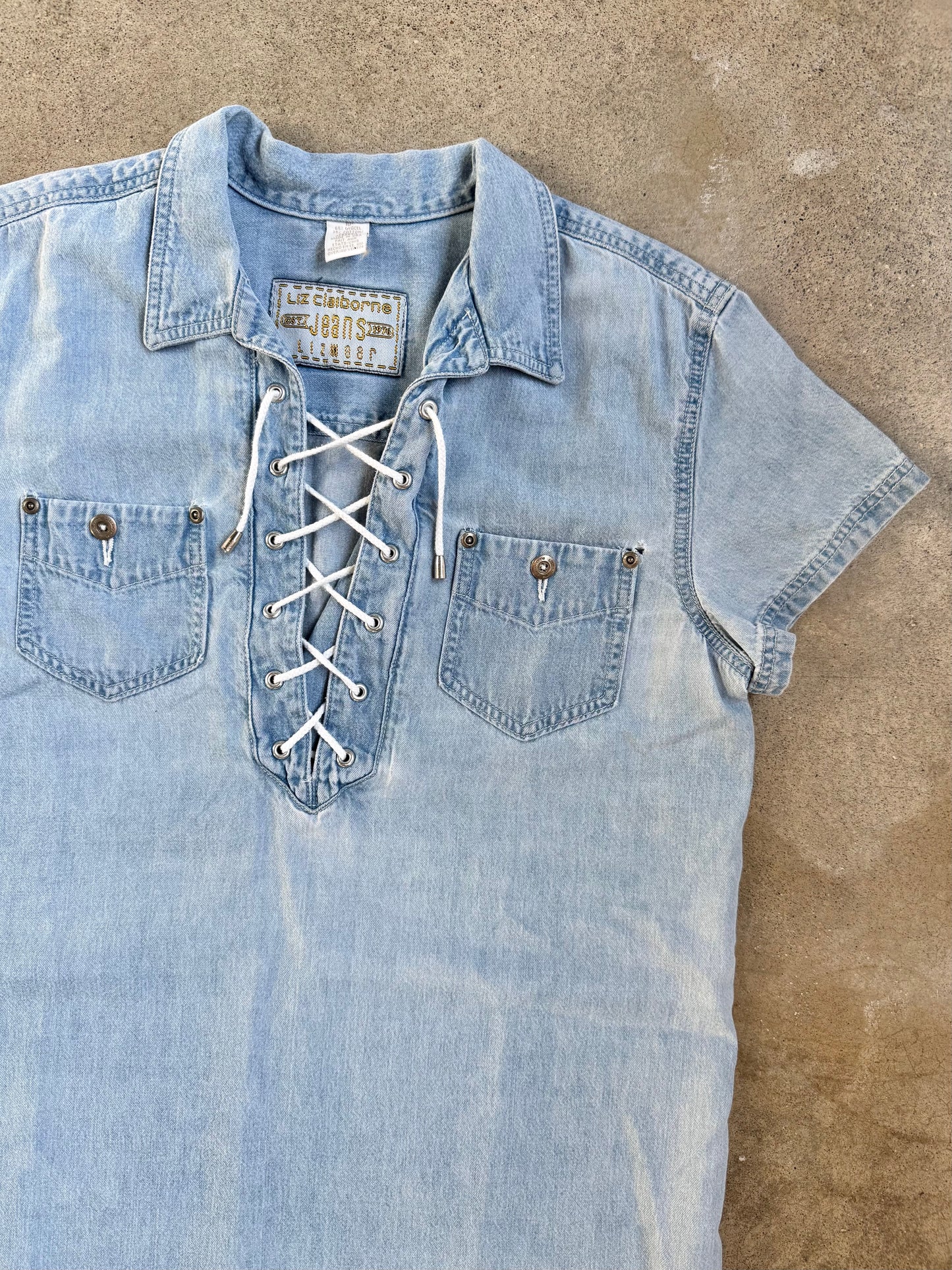 Vintage 1990s Liz Wear Light Wash Denim Lace-Up Shirt Dress | Medium
