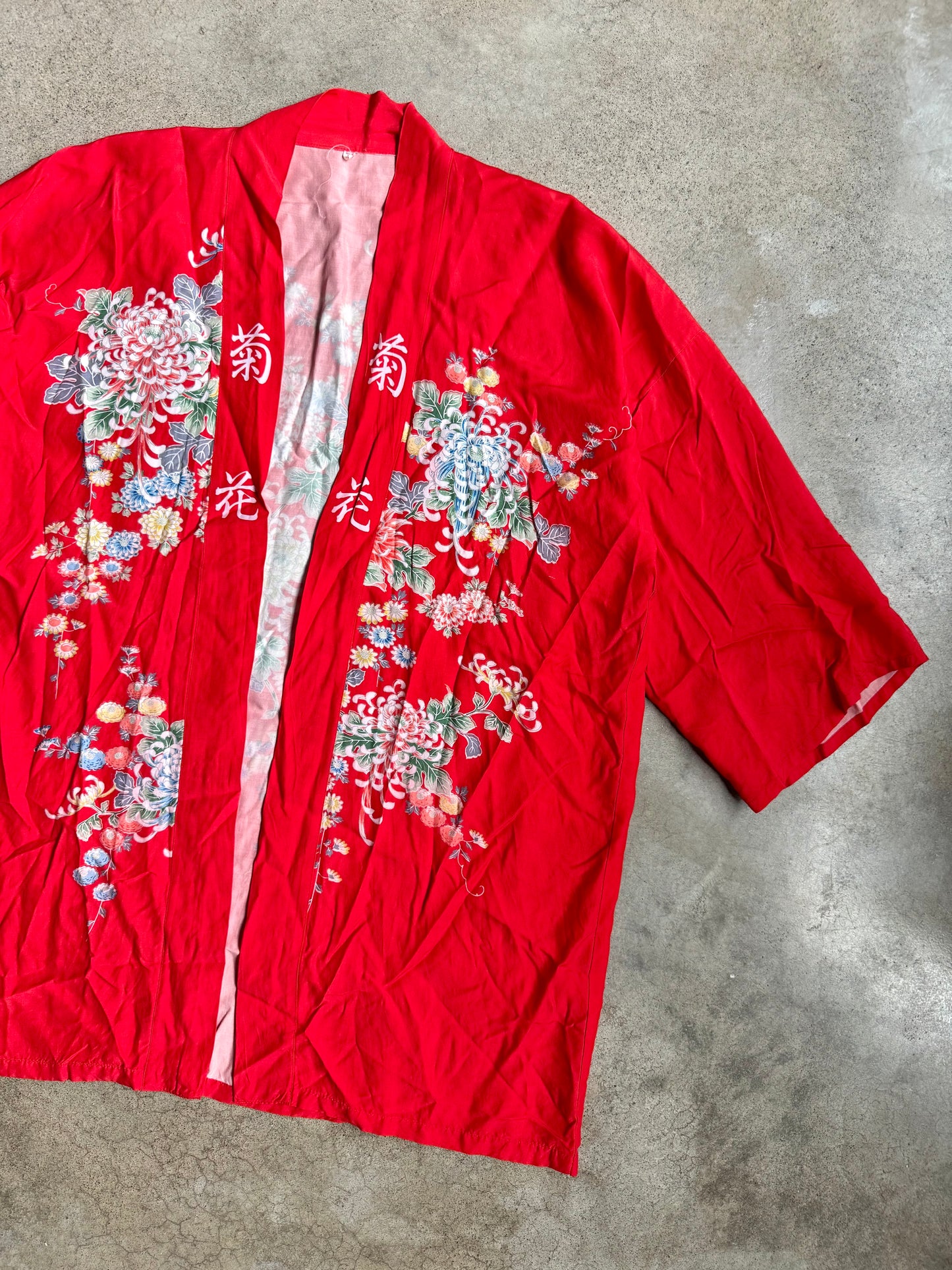 Vintage 1970s Japanese Red Floral Pattern House Coat | L/XL