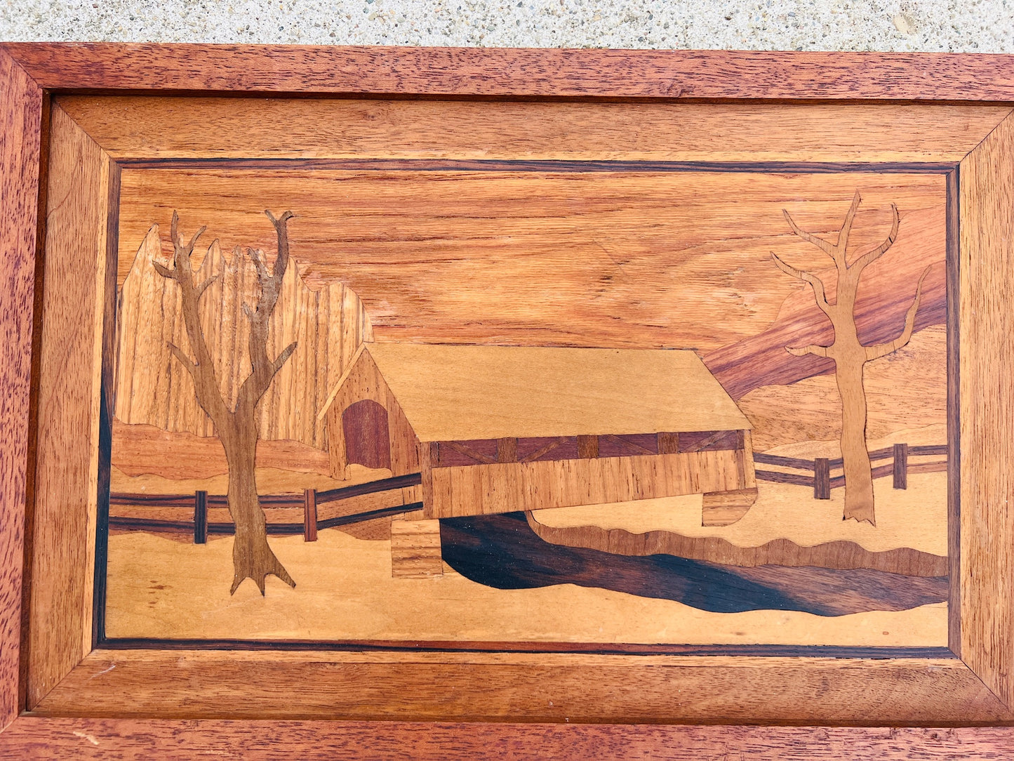 Vintage 1960s Wood Marquetry/Inlaid Winter Scene Artwork