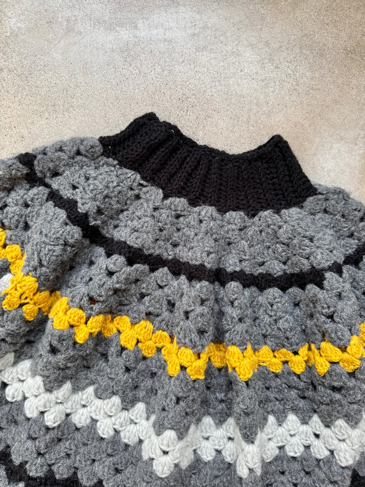 Vintage Handmade Grey & Yellow Crochet Mock Neck Sweater | S/M