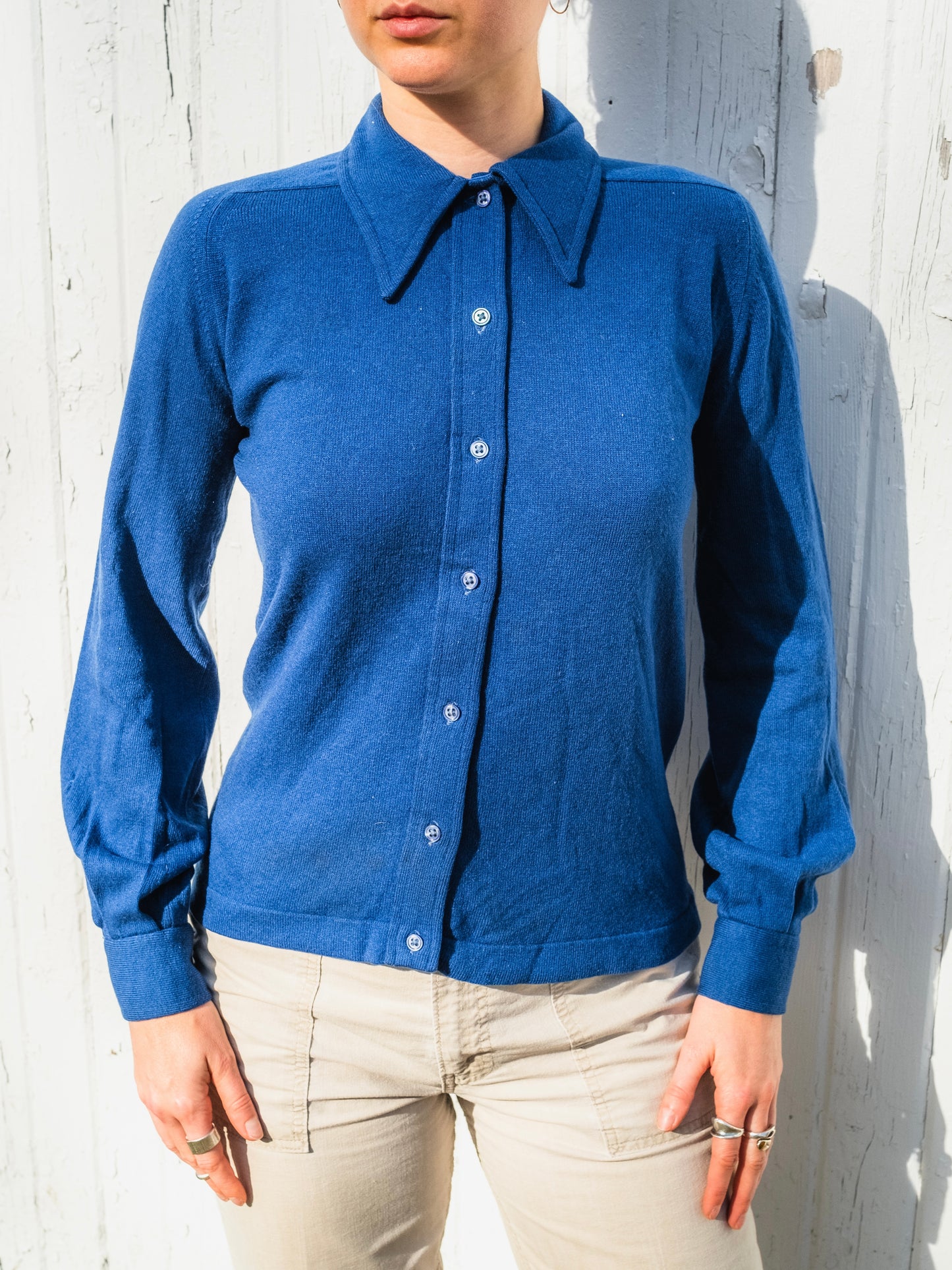 Vintage 1950s Pringle 100% Scottish Cashmere Blue Knit Button-Up Shirt | 36