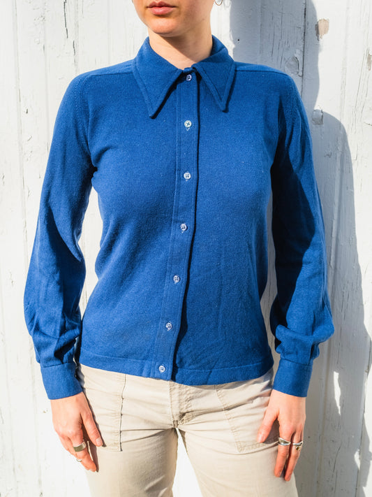 Vintage 1950s Pringle 100% Scottish Cashmere Blue Knit Button-Up Shirt | 36