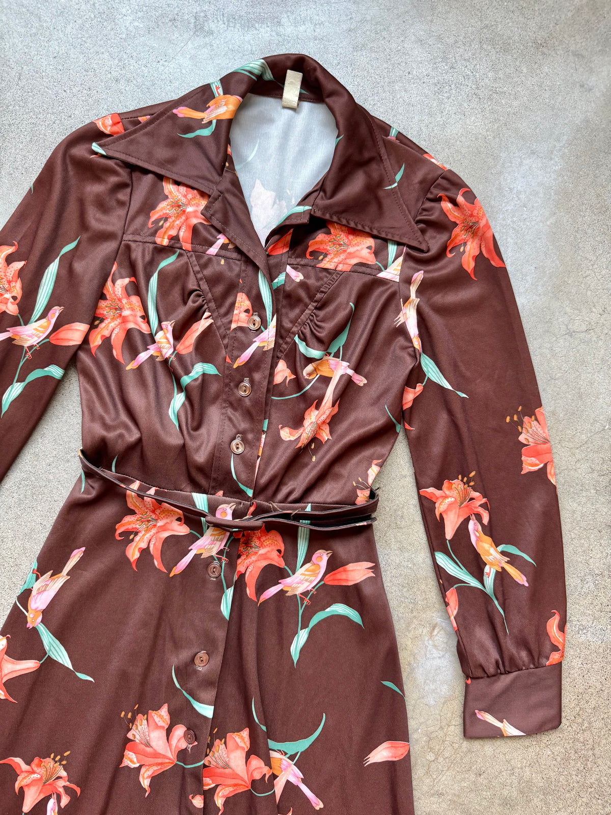 Vintage 1970s Brown & Orange Floral Button-Front Long Sleeve Belted Dress | XS/S