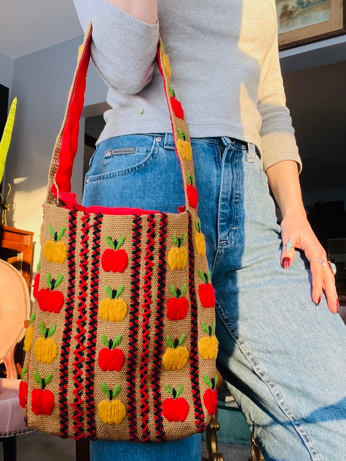 Vintage 1970s Apple Embroidered Burlap Shoulder Bag