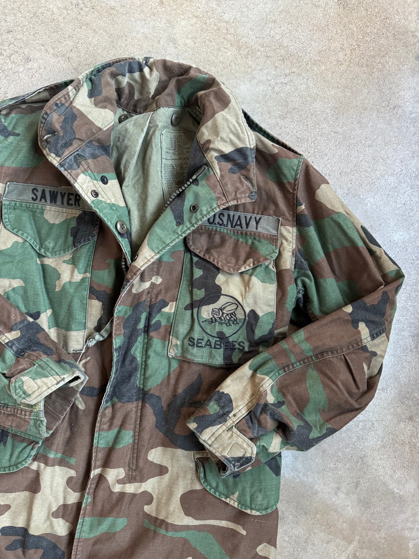 Vintage 1980s Military Issue U.S. Navy "Seabees" Camouflage Field Jacket | Small