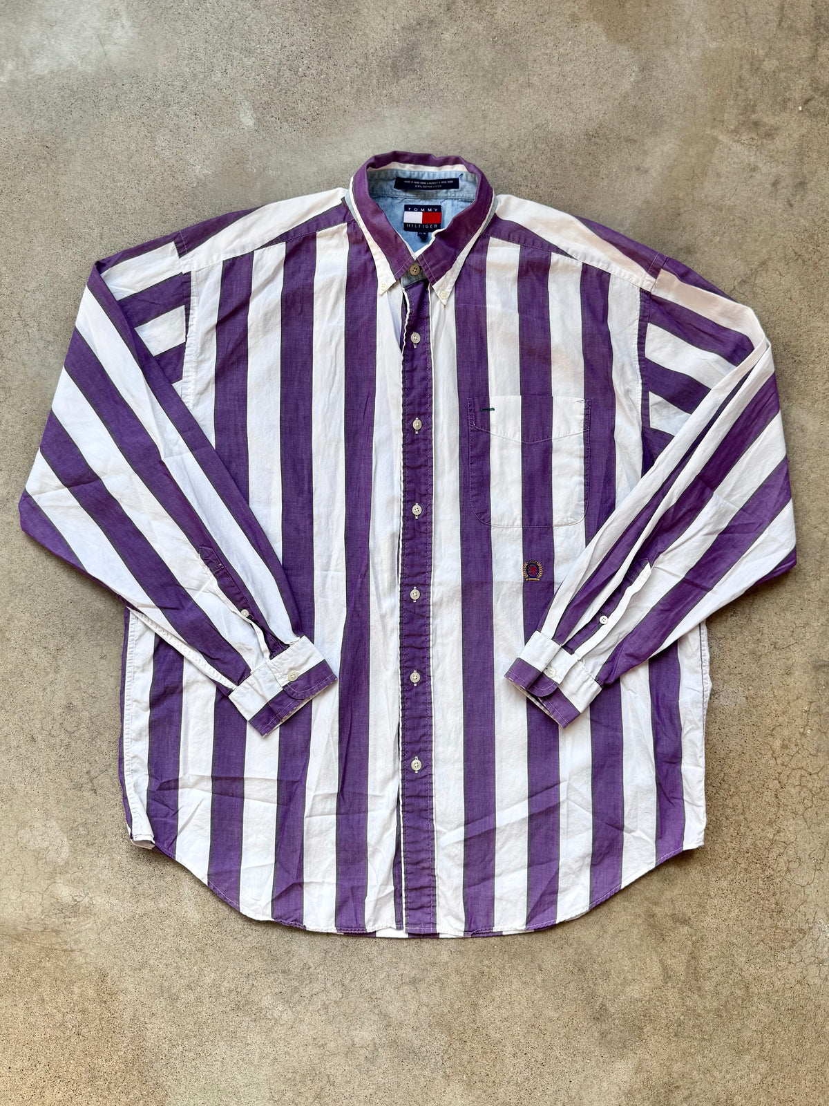 Vintage 1990s Tommy Hilfiger Purple Striped Button Down Shirt | Large