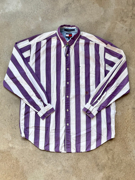Vintage 1990s Tommy Hilfiger Purple Striped Button Down Shirt | Large