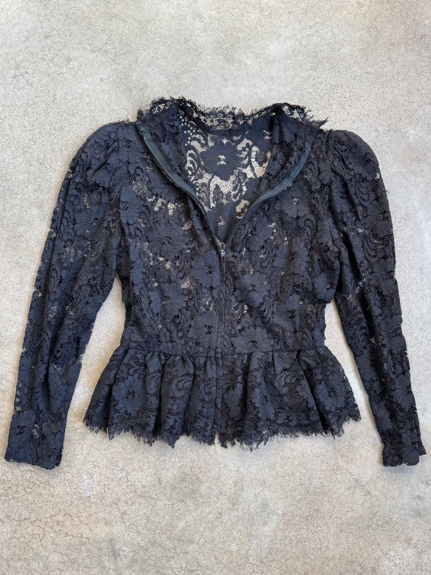 Vintage 1980s Black Lace Mesh Victorian-Style Peplum Top | Small