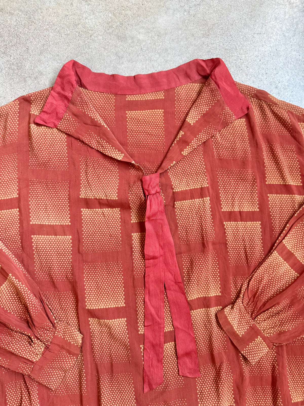 Antique 1930’s Burnt Orange Geometric Dotted Silk Neck Tie Blouse | Medium