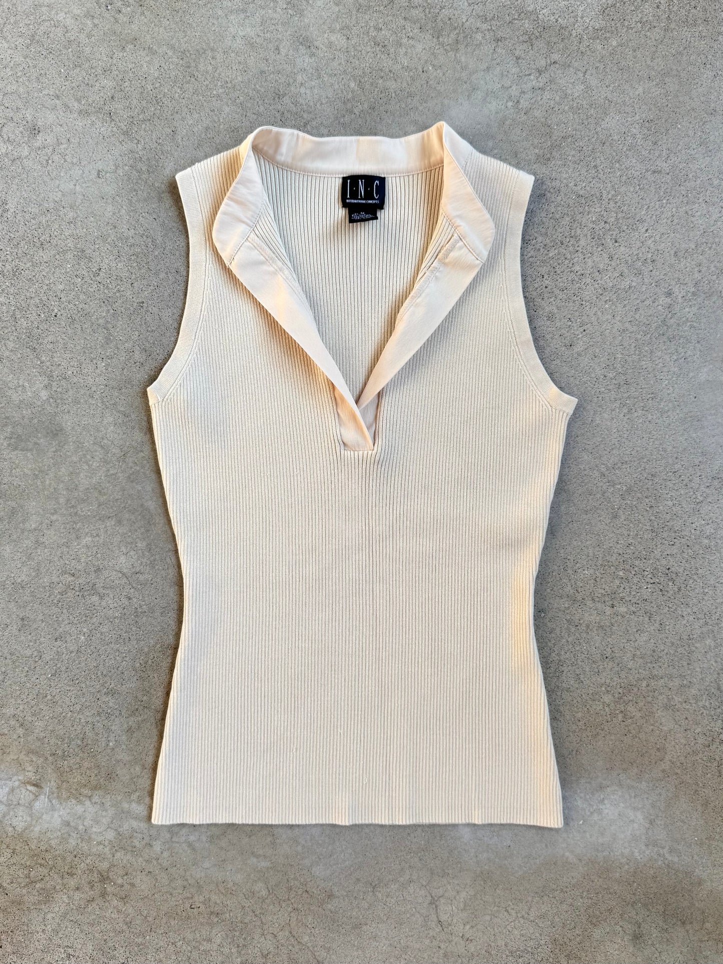 Vintage 1990s I.N.C. Cream Silk-Blend Rib Knit V-Neck Tank Top | Medium