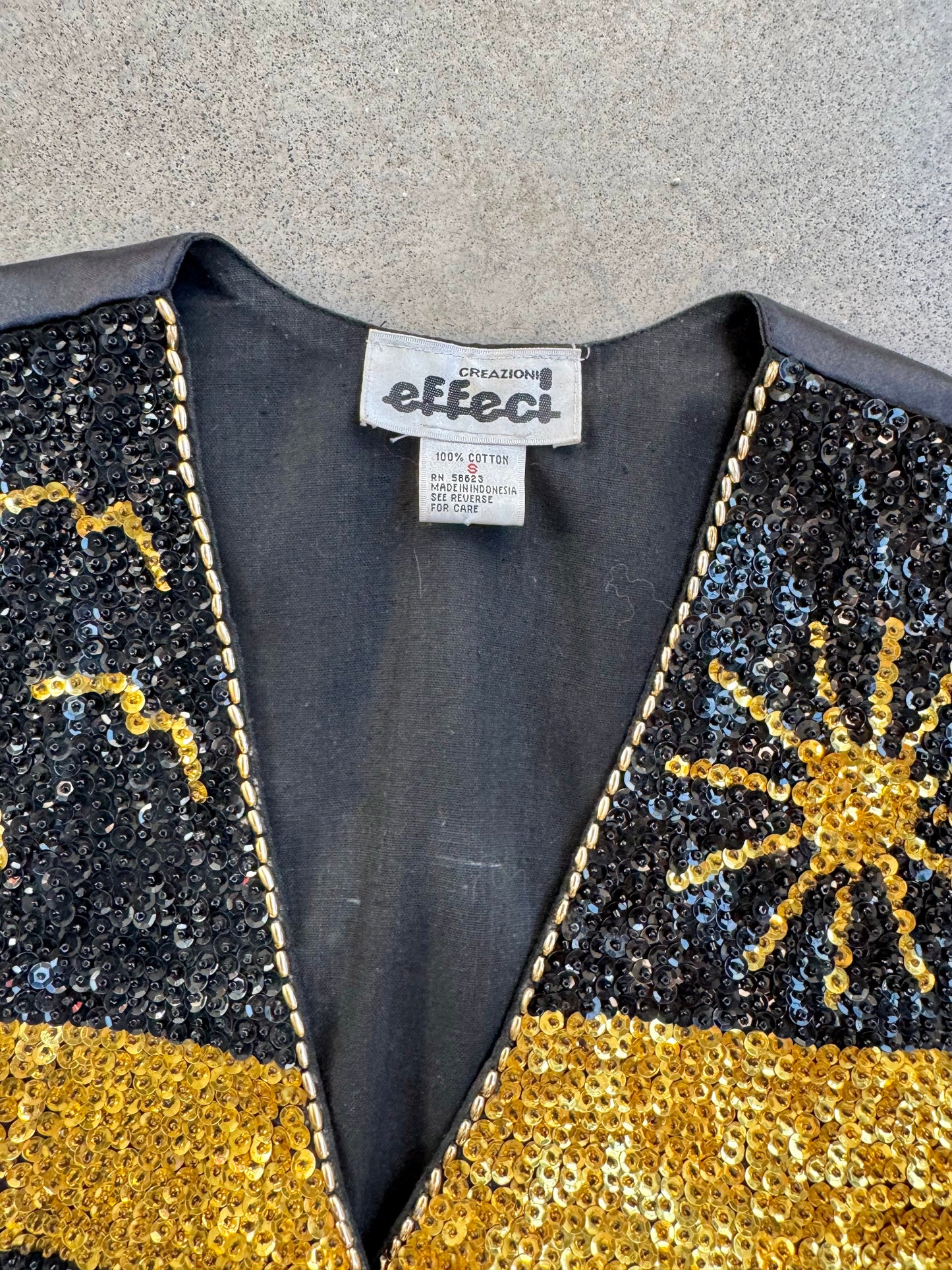Vintage 1980s Creazioni Effeci Black & Gold Sequin Fish Vest | Small