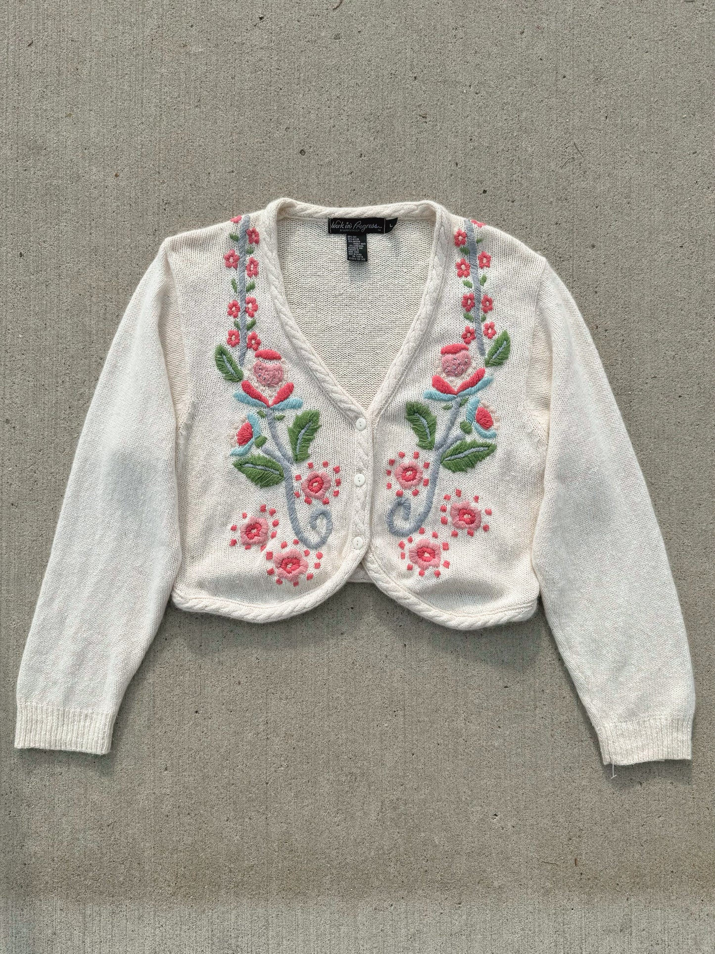 Vintage 1990s Floral Embroidered Silk & Angora Knit Cardigan