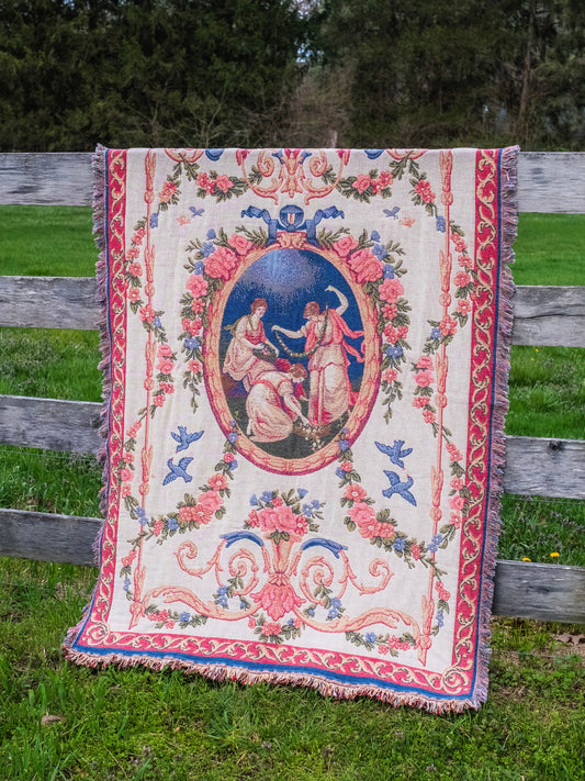 Vintage 1990s Goodwin Weavers Pink Regency-Style Cotton Tapestry Blanket