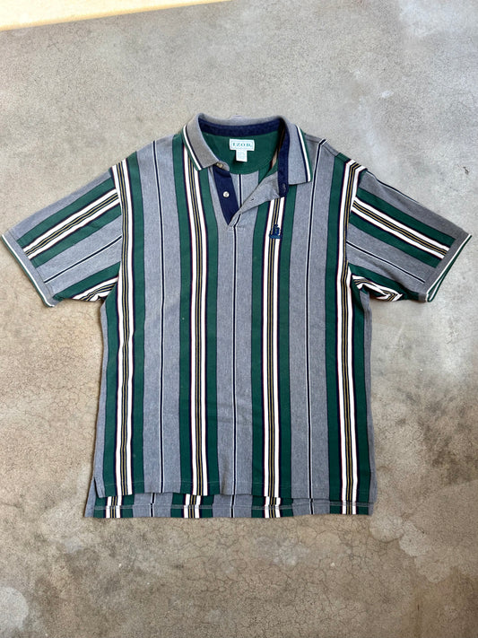 Vintage 1990s Izod Grey & Green Striped Cotton Polo Shirt | XL