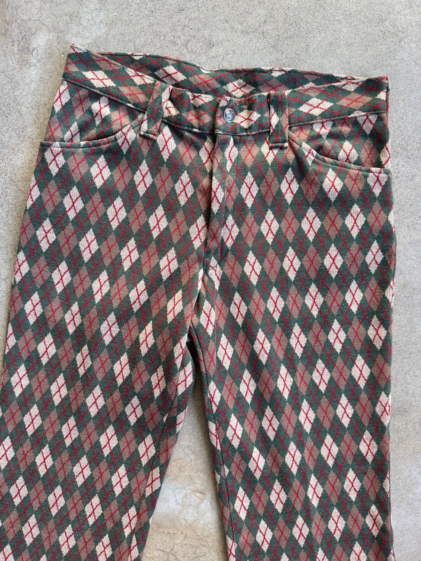 Vintage 1960s Argyle Knit Cuffed Flare Trousers | Small