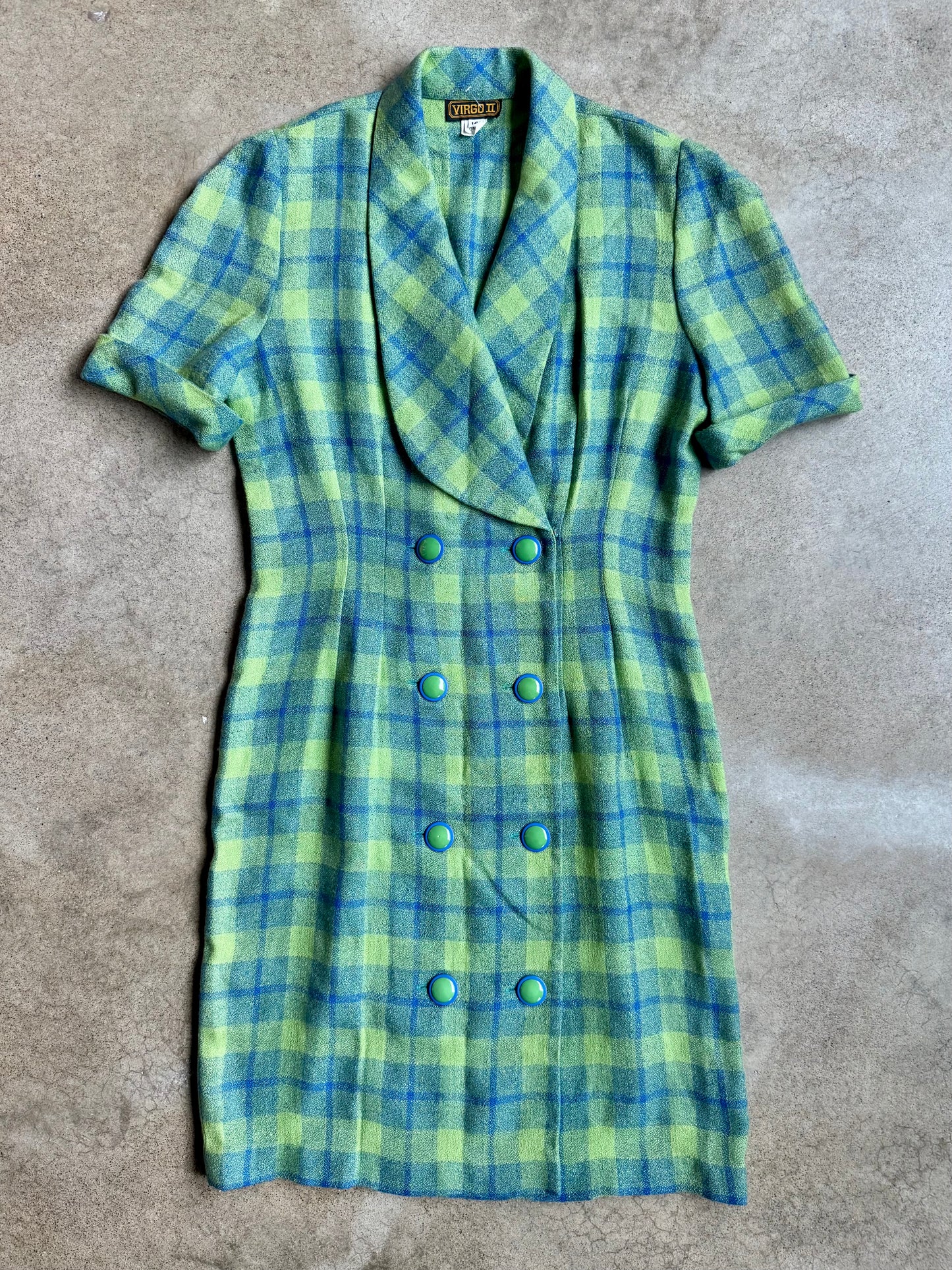 Vintage 1980s Virgo II Green & Blue Plaid Short Sleeve Button-Front Dress | Large