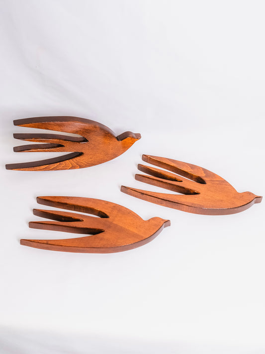 Vintage 1950s Handmade Scandinavian Wood "Birds in Flight" Wall Hang Set