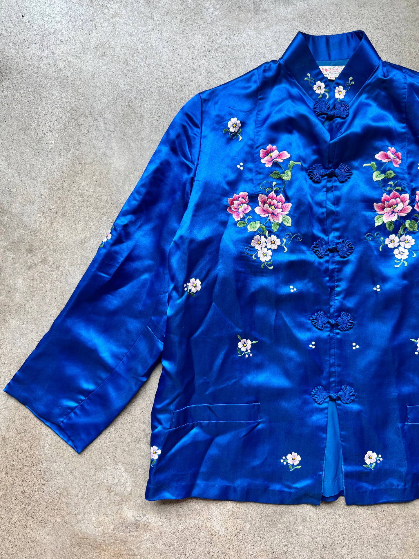 Vintage 1960s Red Clouds Hand-Embroidered Floral Silk-Blend Chinese Tang Jacket | 40