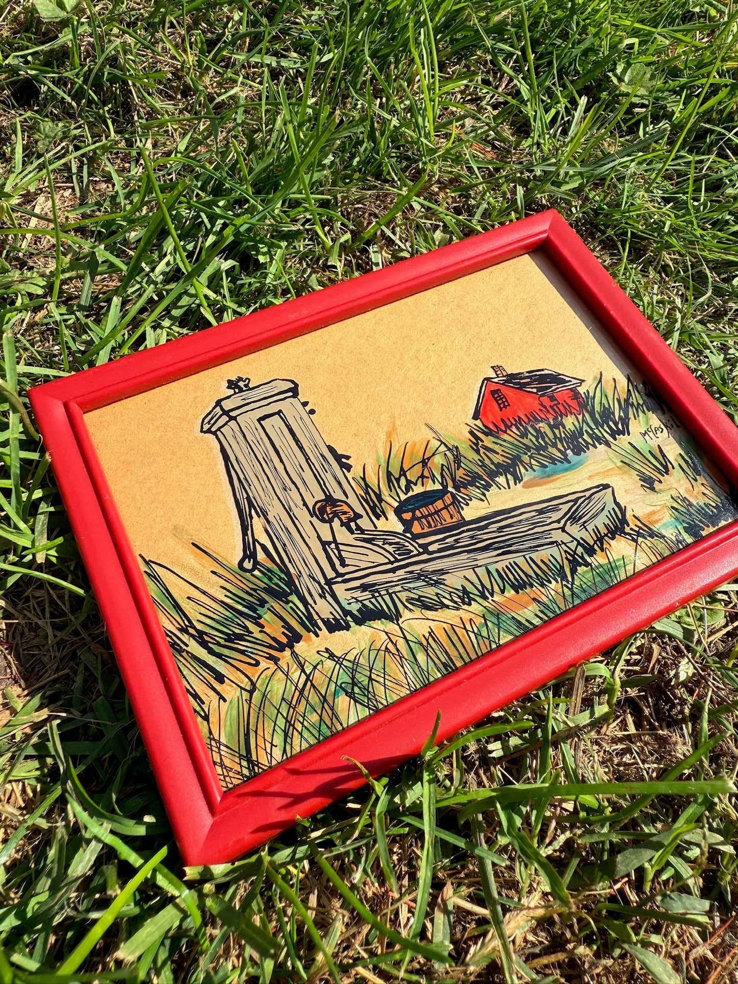 Vintage 1970s Framed & Signed McCaskil Rural Farm Scene Painting on Glass