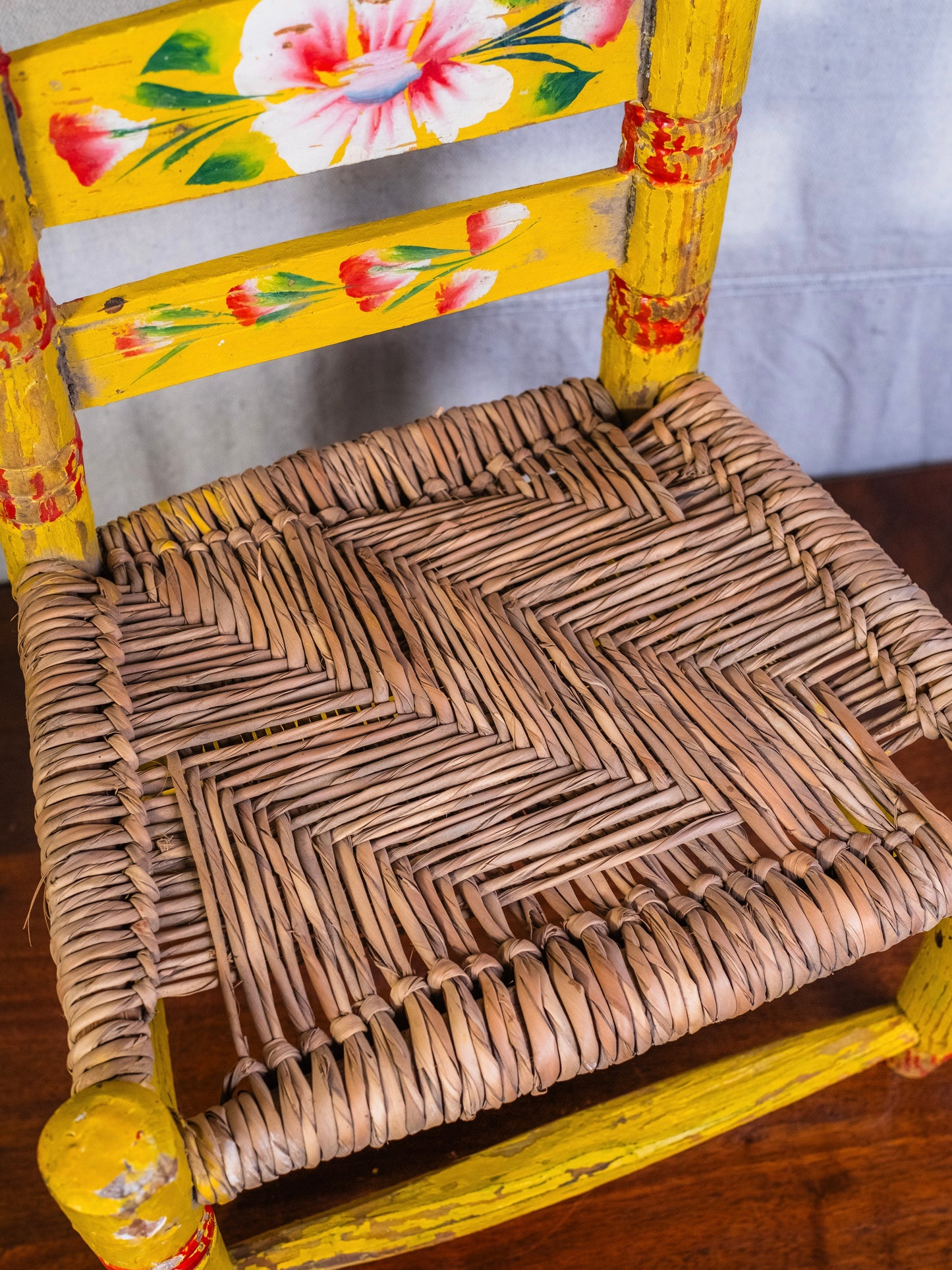 Vintage Mexican Folk Art Yellow Floral Painted Straw Woven Children's Chair