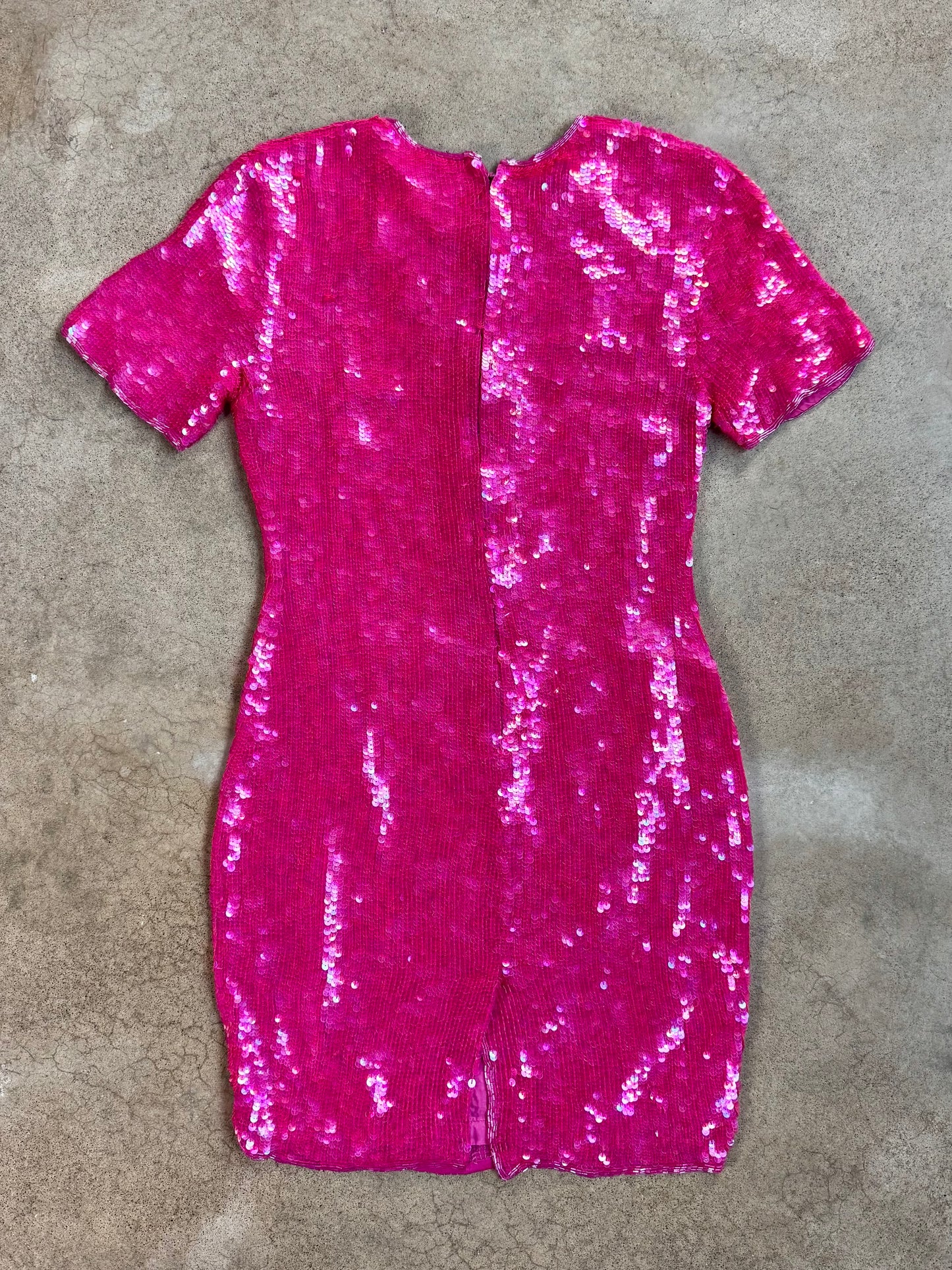 Vintage 1990s Modi Hot Pink Sequined 100% Silk Dress | Small