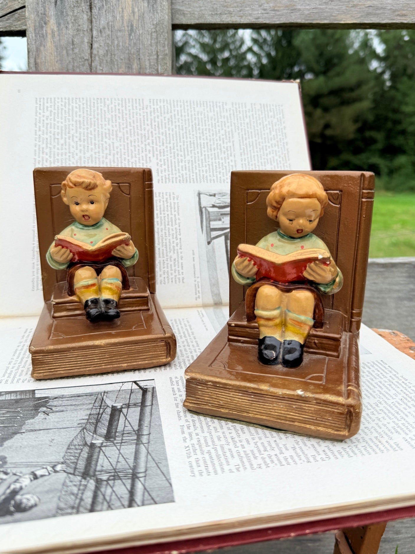 Vintage 1930s Ceramic "Boy & Girl Reading" Bookends | Set of 2