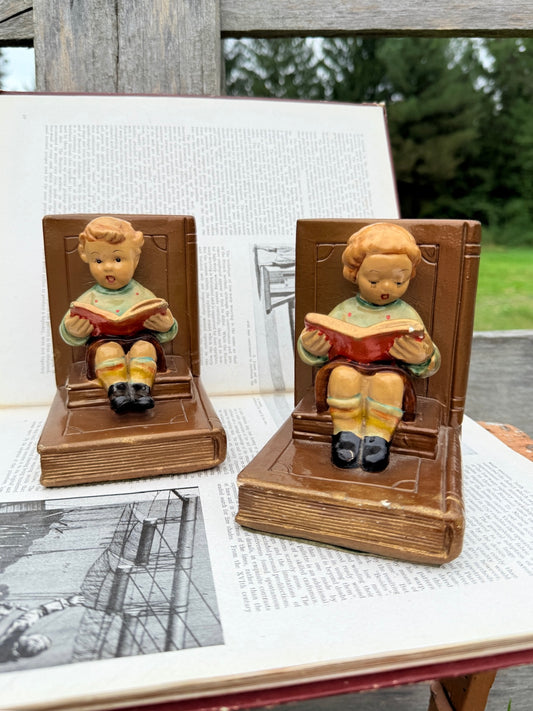 Vintage 1930s Ceramic "Boy & Girl Reading" Bookends | Set of 2
