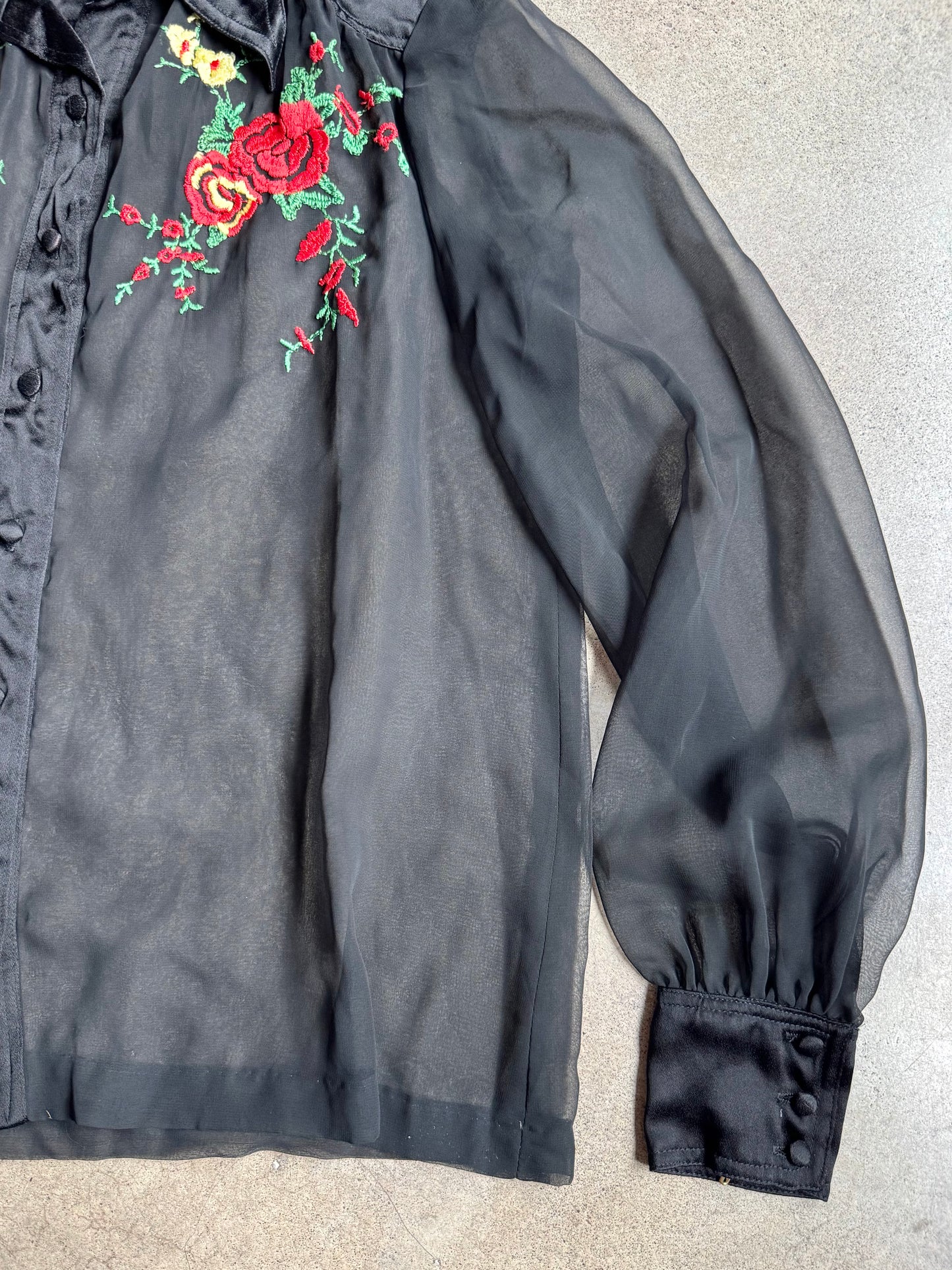 Vintage 1970s/80s Montgomery Ward Black Sheer Floral Embroidered Blouse | L/XL