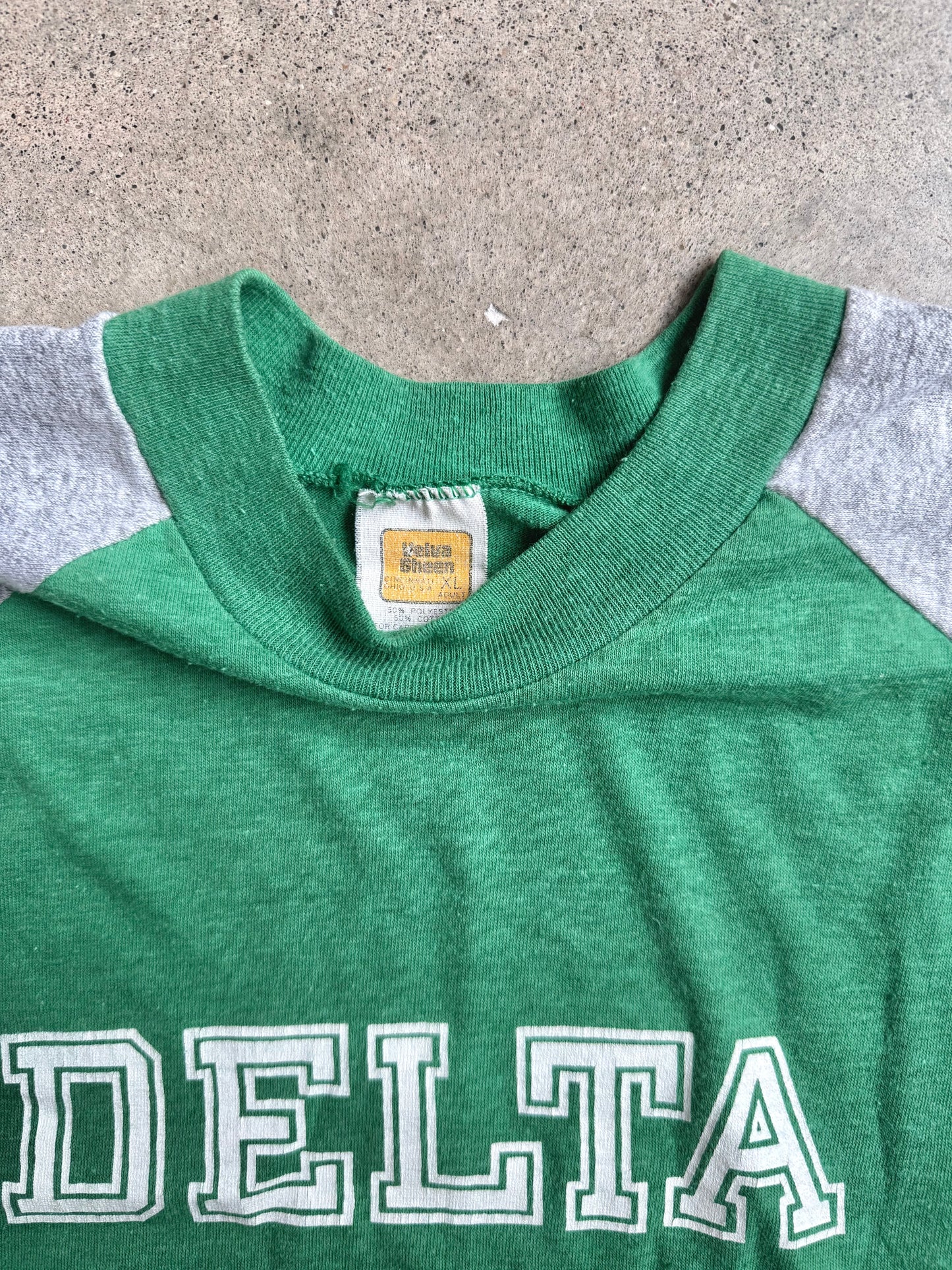Vintage 1980s Green Delta College Raglan Tee | XL