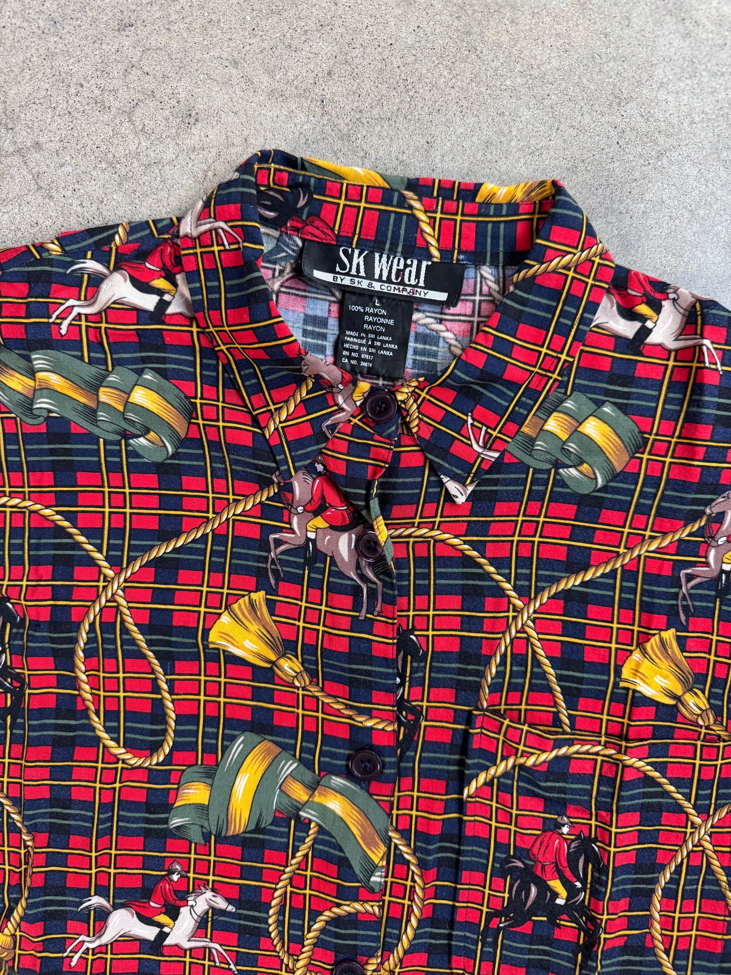 Vintage 1980s SK Wear Red Tartan Equestrian Print Two-Piece Skirt Suit | Large